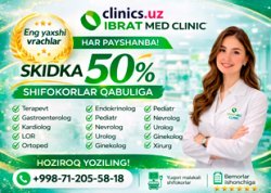 SKIDKA 50% shifokorlar konsultatsiyasiga — aksiya har payshanba kuni Ibrat Med’da! SKIDKA 50% shifokorlar konsultatsiyasiga — aksiya har payshanba kuni Ibrat Med’da!